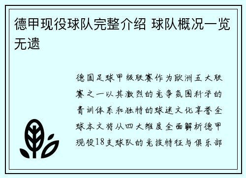 德甲现役球队完整介绍 球队概况一览无遗