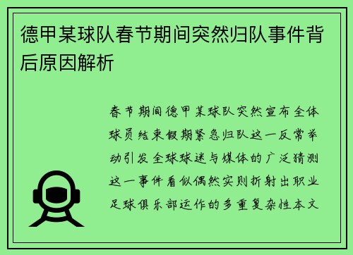 德甲某球队春节期间突然归队事件背后原因解析
